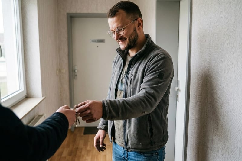 Schlüsselübergabe an einer Wohnung. Mit künstlicher Intelligenz erzeugtes Symbolbild.